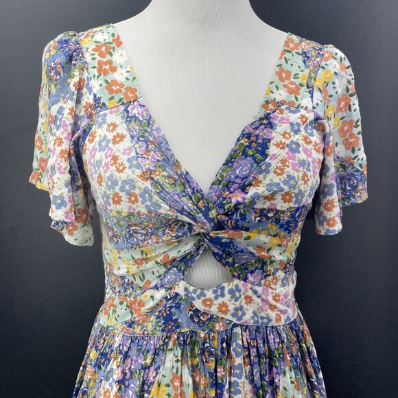 Angie Womens L Floral Smocked Peakaboo Cutout Babydoll Dress Boho Garden Fairy - Picture 2 of 9